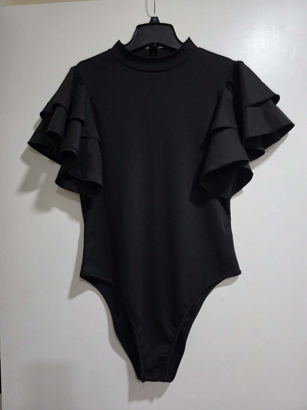 SHEIN Black Ruffle Sleeve Bodysuit XL Mock Neck Tiered Statement Sleeve